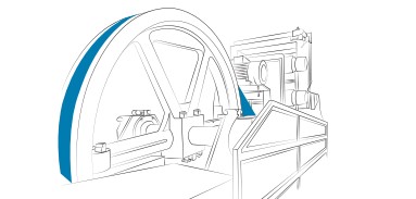 Ilustracija stroja za rezanje kamnitih plošč, trak je posebej izpostavljen z modro barvo.